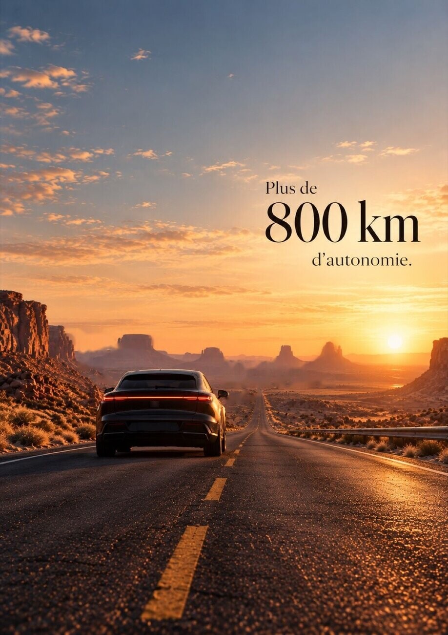 Affiche fictive : une voiture électrique sur une route du désert au coucher du soleil, slogan « Plus de 800 km d'autonomie. »